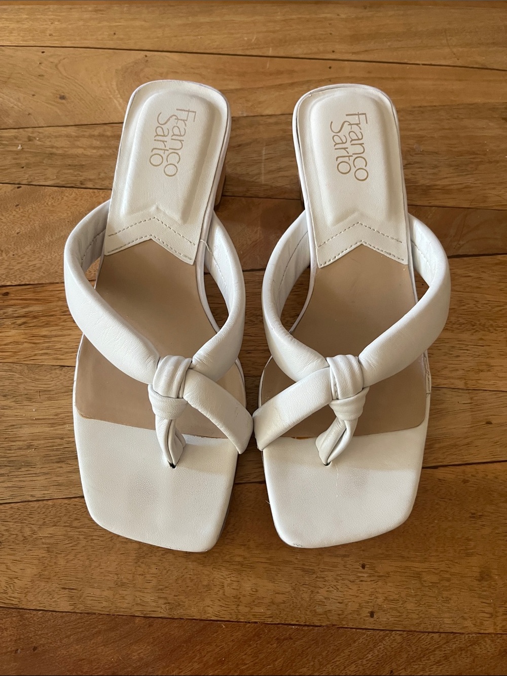 FRANCO SARTO I CRISTAL THOMG TWIST KNOT SQUARE TOE CORK BLOCK HEEL SANDALS  7.5M